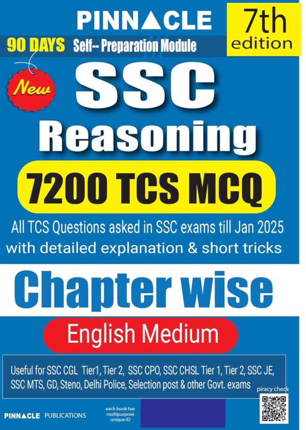 Pinnacle SSC Reasoning 7200 TCS MCQ chapter wise with detailed explanation & short tricks | 7th edition | english medium |